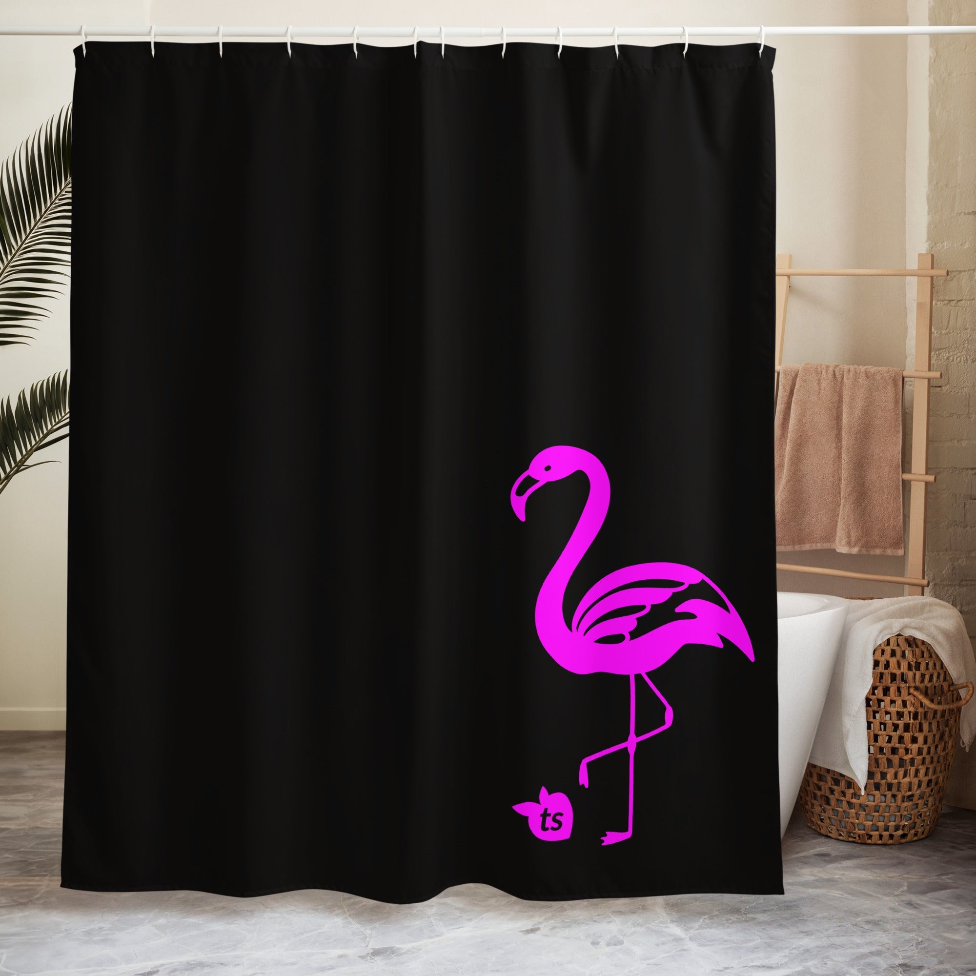 tsgabrielle® • Flamant 🦩 Rose • Shower Curtain • Black • 71″ × 74″