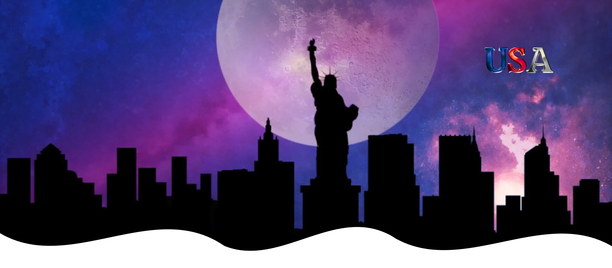 Silhouette of a city skyline with the Statue of Liberty against a purple and blue sky.